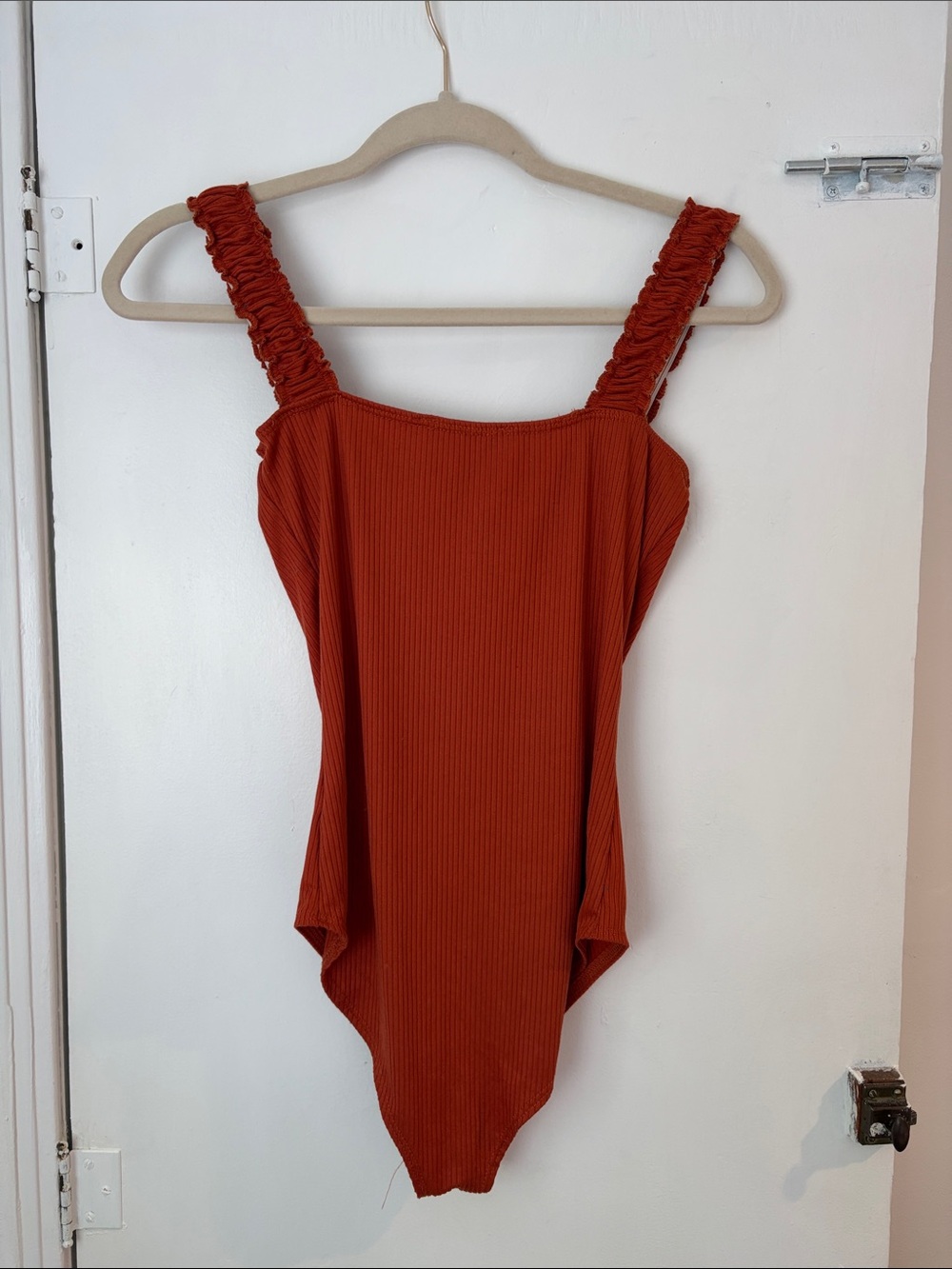 gaze Burnt Orange Ribbed Ruched-Strap Bodysuit - Picture 3 of 3